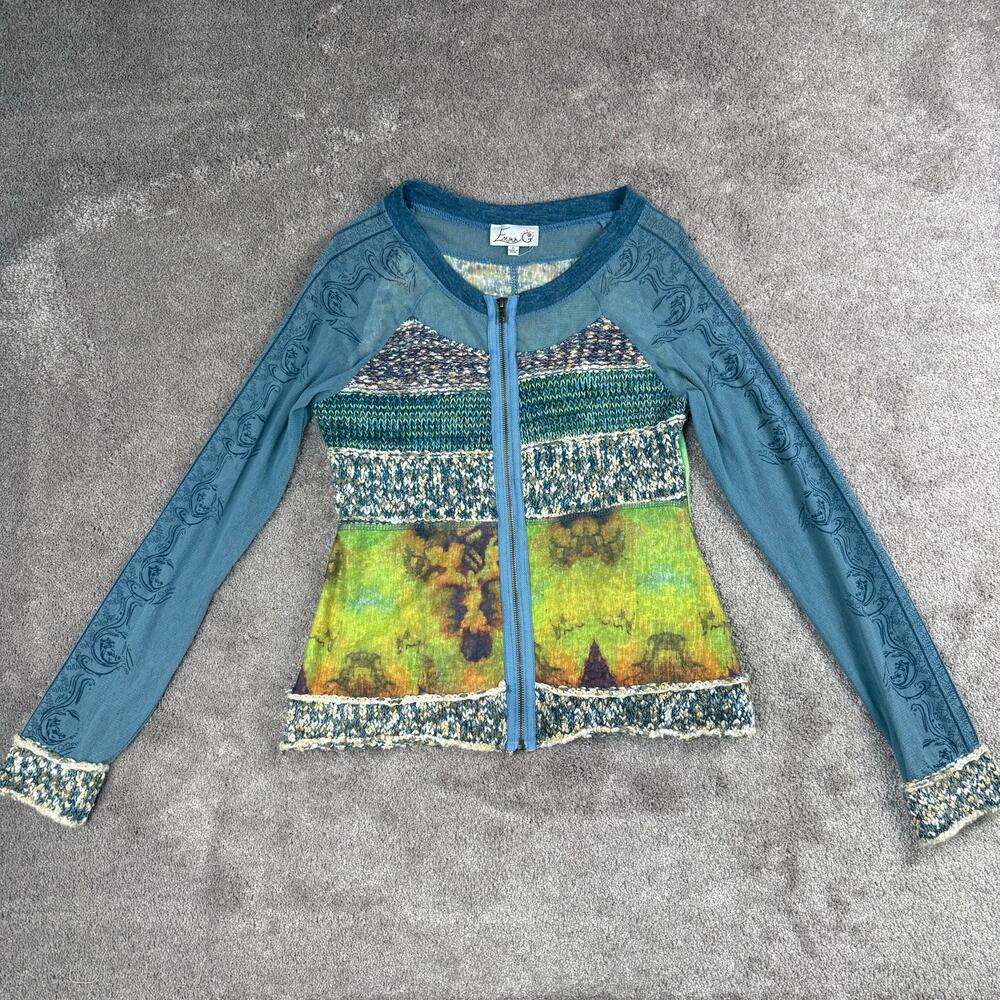Emma G Size L Blue Zip Front Mixed Knit Jacket Boho Artsy Y2K